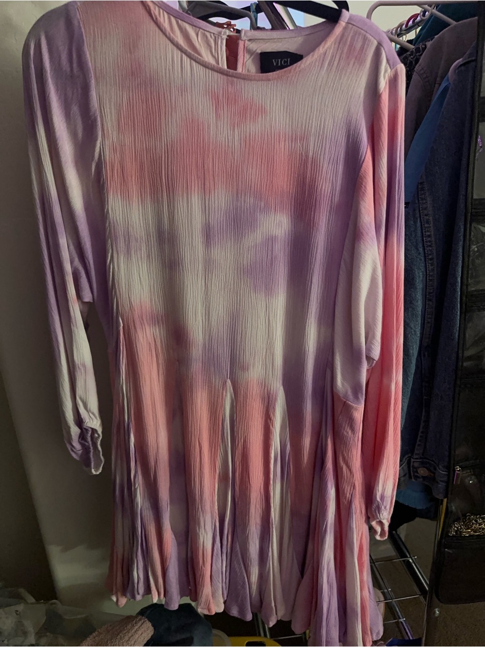 VICI Pink and Purple Tie-Dye Pleated Long Sleeve Dress size S